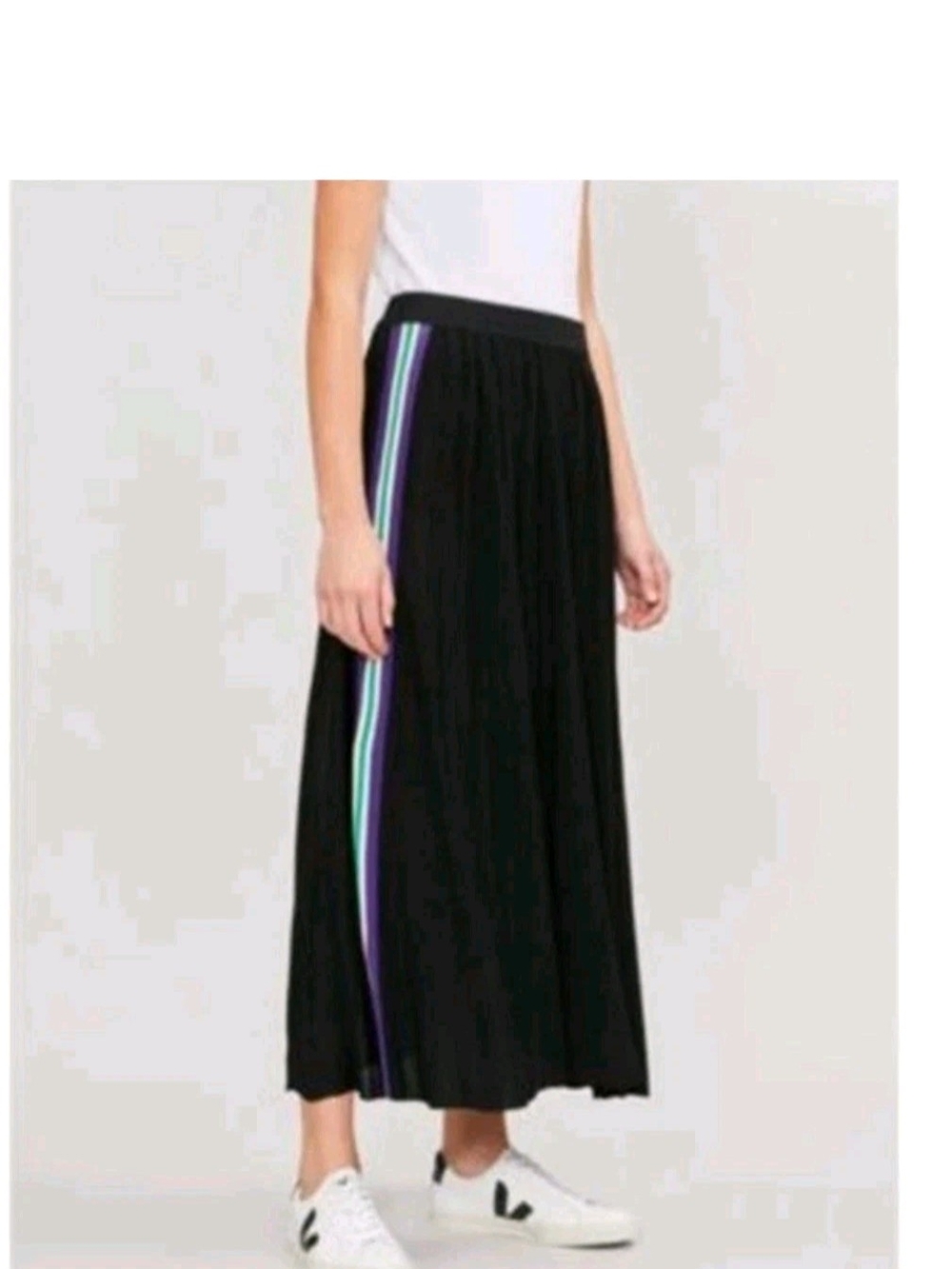 Sandro Paris Skirt Womens Sz 1 Black Racing Stripes Pleated Accents Midi Length